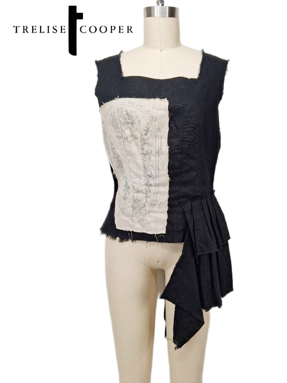 Trelise Cooper Lancelot Linen Corset Top Applique Asymmetric Black NZ 10 US 6